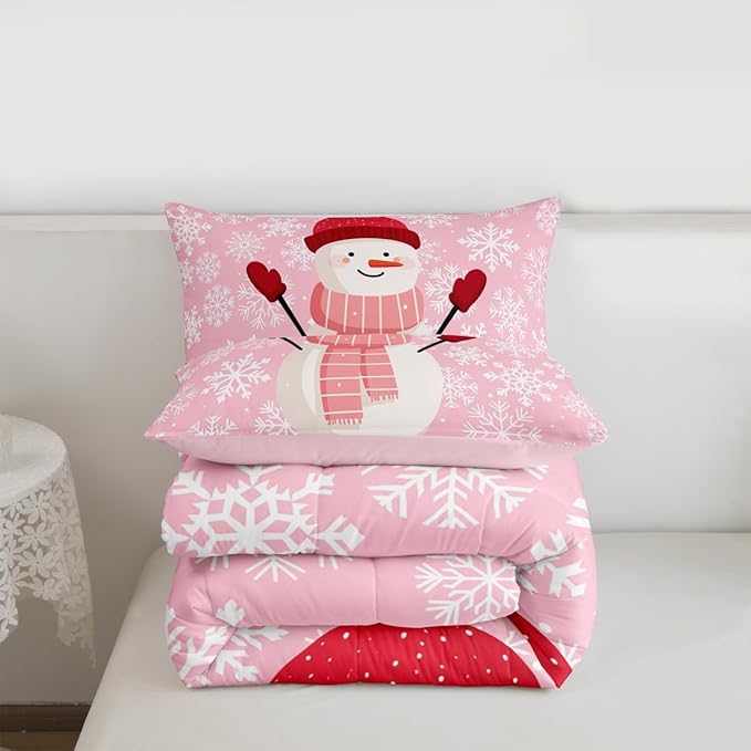 Feelyou Christmas Bedding Set Soft for Boys Girls, Snowman Pink Comforter Set Toddler Size Xmas Snowflakes Duvet Quilt Microfiber Winter Snow Bedroom Decor 2 Pcs with 1 Pillow Cases