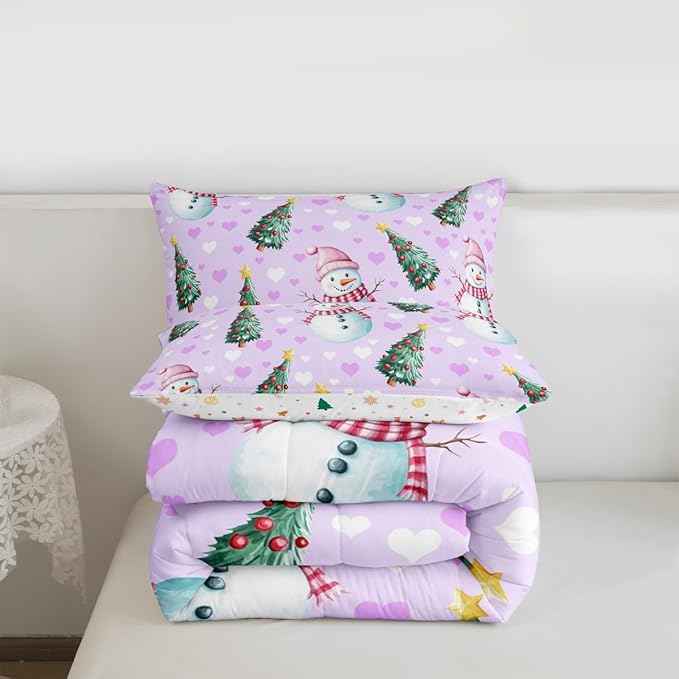 Feelyou Merry Christmas Bedding Set Soft for Boys Girls, Cute Snowman Comforter Set Full Size Christmas Tree Duvet Quilt Microfiber Love Hearts 3 Pcs with 2 Pillow Cases