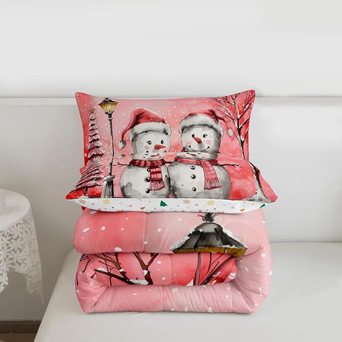 Feelyou Christmas Bedding Set Soft for Boys Girls, Pink Watercolor Snowman Comforter Set Full Size Xmas Winter Duvet Quilt Microfiber Snowflake Bedroom Decor 3 Pcs with 2 Pillow Cases