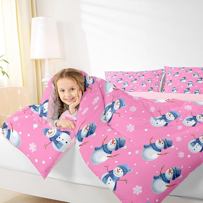 jejeloiu Kids Cute Winter Snowman Comforter Set King Size Pink Christmas Theme Bedding Set for Boys Girls Teens Xmas Snowflake Happy New Year Duvet Quilt Room Decor