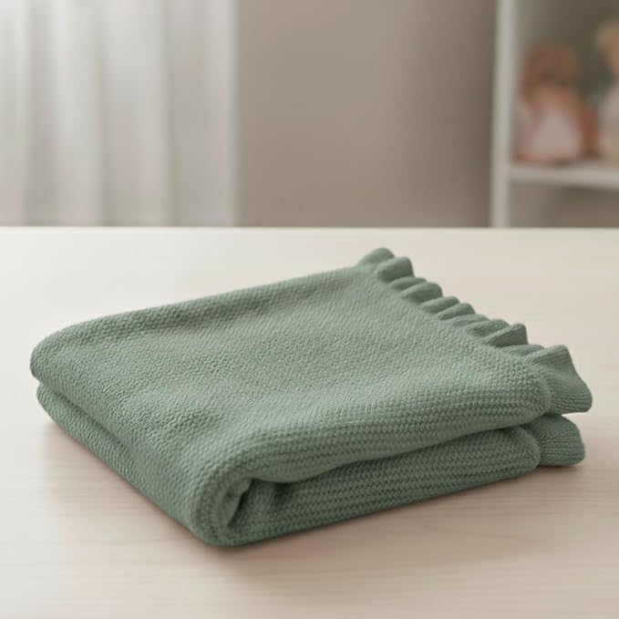 Cotton Baby Blanket with Ruffle Edge Soft Breathable Newborn Blanket for Boys & Girls, Lightweight Knit Throw for Crib, Stroller & Nursery Multiple Colors Available Sage Green 30x30