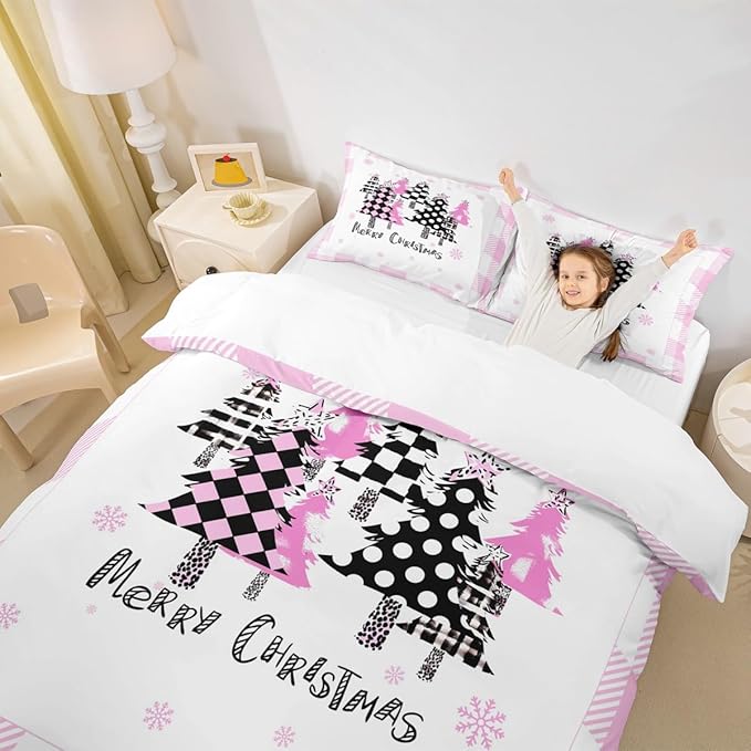 Manfei Xmas Trees Duvet Cover Set Twin Size, Pink Plaid Grid Snowflake Comforter Cover with 1 Pillowcase, Christmas Theme Bedding Set for Kids Girls Room Decor New Year Bedspread Cover, No Comforter