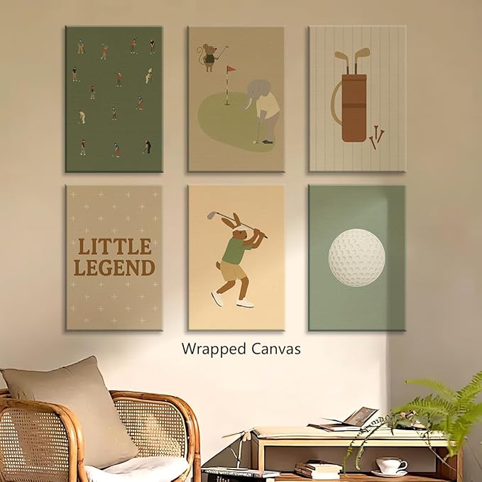 Golf Canvas Wall Art, Baby Boy Nursery Sports Posters, Animal Athletes Elephant Rabbit Pictures, Little Legend Charming Quote Print, Kids Bedroom Golf Course Wall Decor 16x24in Wrapped Canvas