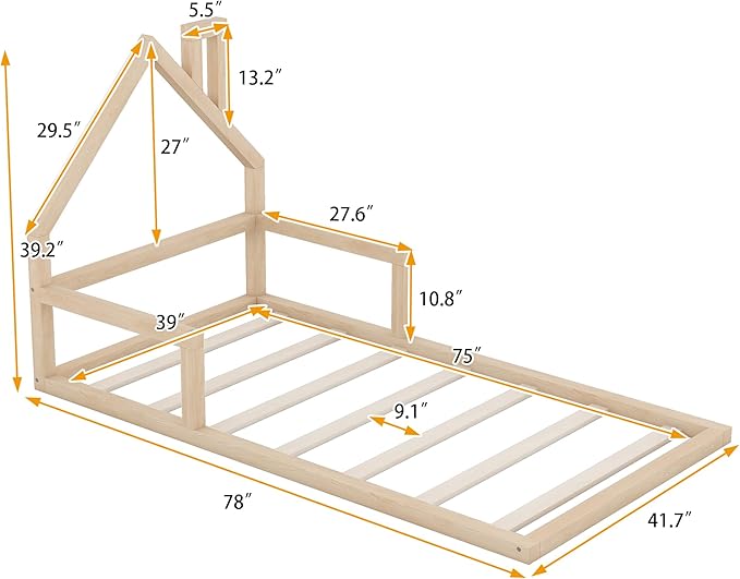 Harper & Bright Designs Twin Size Floor Bed with House Shaped Headboard, Montessori Floor Bed for Kids, Solid Wood Low Bed Frame for Bedroom, Playroom, Wooden Slats Support, Natural