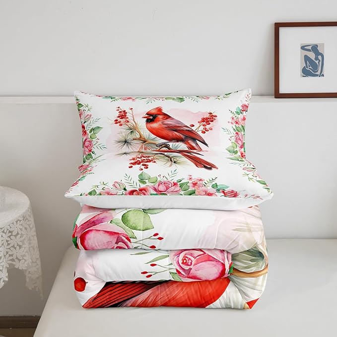 Castle Fairy Red Bird Comforter Set King Size,Watercolor Cardinal Berry Christmas Bedding Set All Season Quilt Set,Pink Floral Green Plant Painting Microfiber Polyester Down Comforter