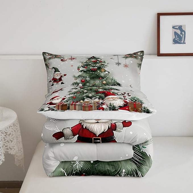 Merry Christmas Comforter Set King Size,Christmas Tree Snowflake Duvet Insert for Kids Boys Girls Room Decor,Santa Claus X'mas Theme Bedding Set 3Pcs,Star Polka Dot Glitter Quilt Set,2 Pillowcases