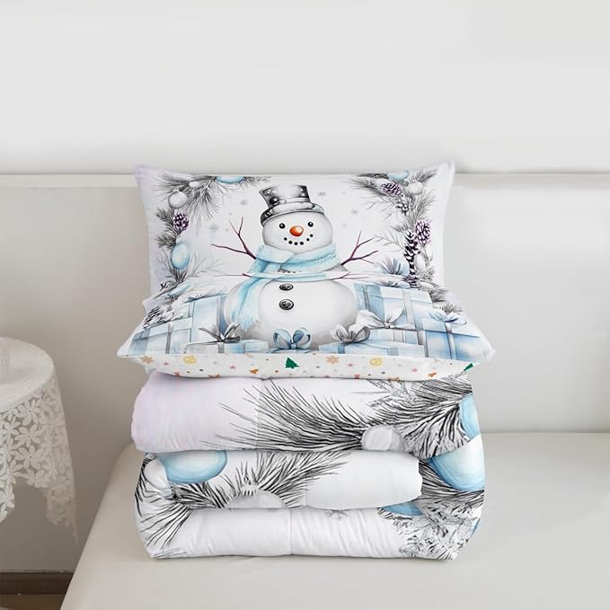 Feelyou Merry Christmas Kids Comforter Set Twin Size Cute Snowman Bedding Set Duvet Quilt for Kids Boys Girls Bedroom Snowflake Decor Microfiber Ultra Soft Breathable