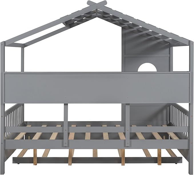 Bellemave Full Size House Bed with Trundle for Kids,Full Kids Bed Frame with Storage Shelves,Wood House Bed Frame for Girls,Boys,Can be Decorated,Gray