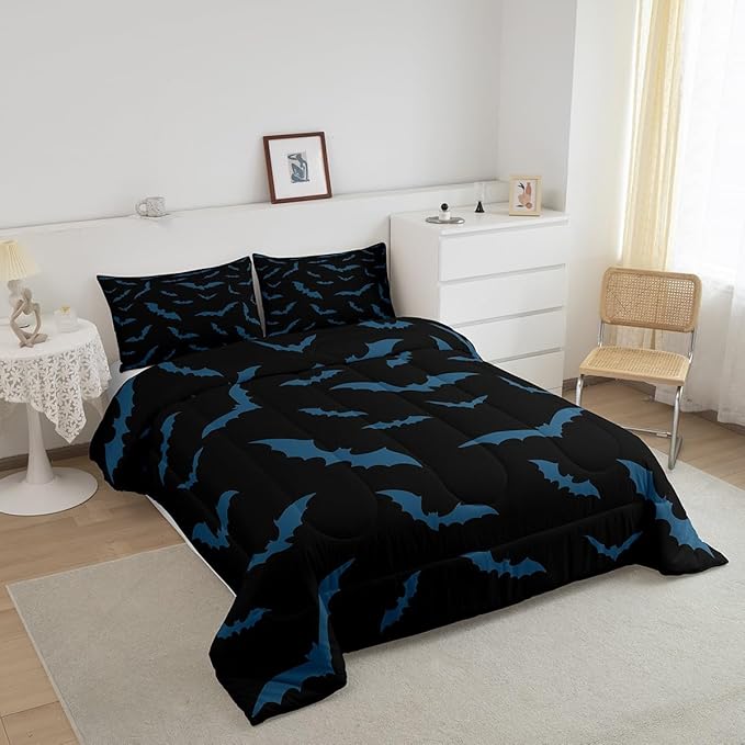 Erosebridal Halloween Decor Bedding Set for Kids Boys Youth Turquoise Bats Comforter Set Queen Size Gothic Spooky Quilt Happy Holiday Style Duvet Insert with 2 Pillow Cases,Black