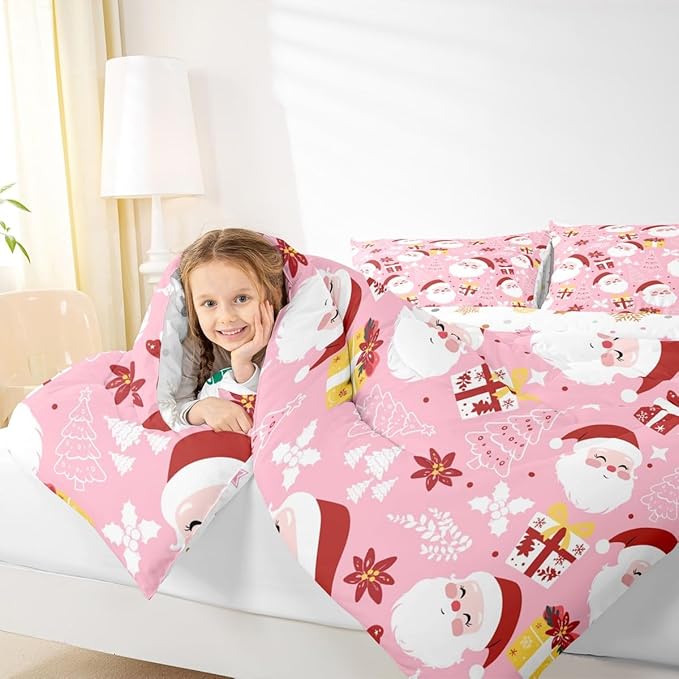 jejeloiu Santa Claus Comforter Set Full Size Merry Christmas Bedding Set for Kids Boys Girls Xmas Themed Duvet Quilt Pink Bedroom Decor