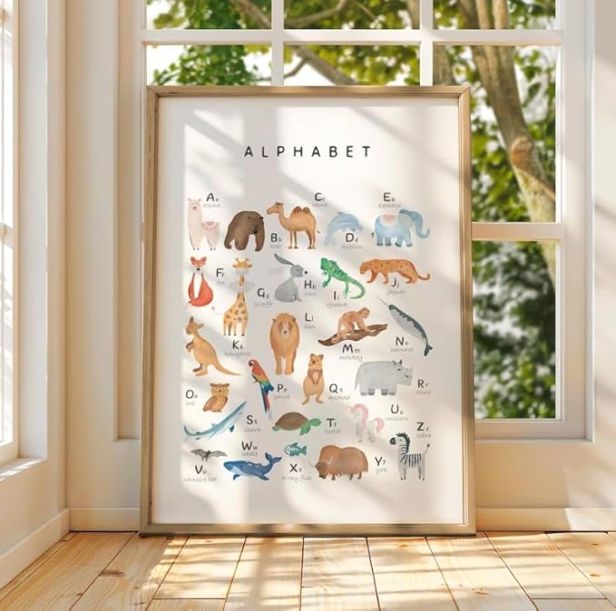 OZCONO Animal Alphabet Learning Poster, Vibrant ABC Wildlife Chart Kids, Playroom Wall Decor Art, Homeschool Education Guide (Unframed) (9x11)
