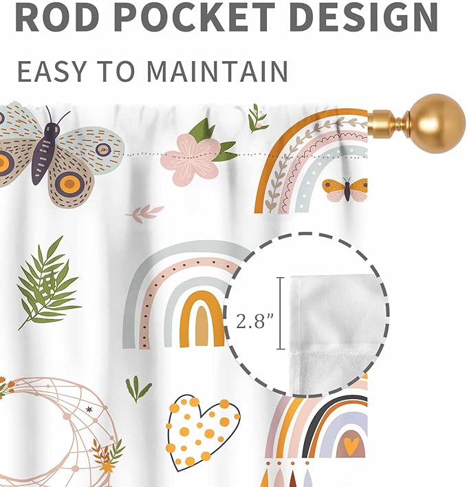 Boho Rainbow Curtains for Girls Bedroom, Bohemian Cute Lovely Butterfly Floral Rainbow Print Pastel Baby Kids Girls Bedroom Living Room Nursery Playroom Classroom Curtains for Windows, 42"x45" Inch