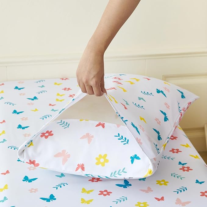 PERFEMET Girls Floral Comforter Set Twin Size 4 Pieces Botanical Flower Bedding Set Butterfly Pattern Teens Kids Bed in a Bag with Sheets for All Seasons(White, Twin)