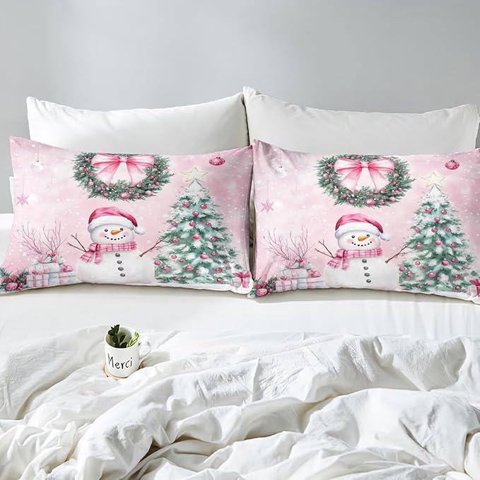 Manfei Christmas Kids Duvet Cover Set King Size, Cute Snowman Xmas Tree Bedding Set for Boys Girls Adults, Pink Bowknot Xmas Comforter Cover, Soft Polyester Quilt Cover, 2 Pillowcases, No Comforter