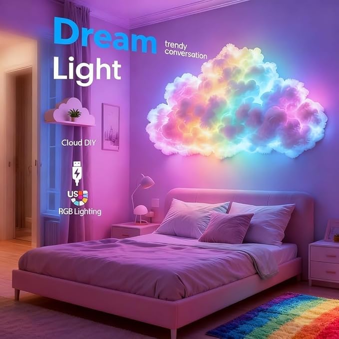 LED Cloud Light with Music Rhythm,DIY USB-Powered Thundercloud LED Light Decor for Bedroom & Gaming Room - USB Powered,Vibrant Glow, No Drill Roof for Christmas/New Year Gifts (13.1ft)