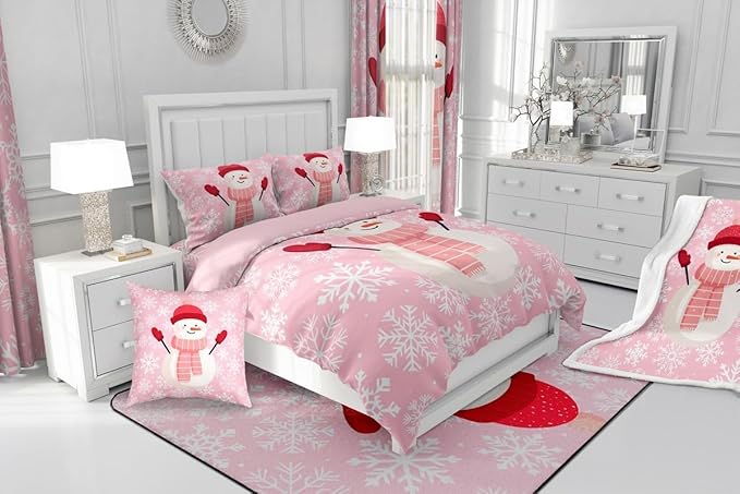 Feelyou Christmas Bedding Set Soft for Boys Girls, Snowman Pink Comforter Set Full Size Xmas Snowflakes Duvet Quilt Microfiber Winter Snow Bedroom Decor 3 Pcs with 2 Pillow Cases