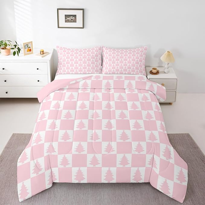 Feelyou Christmas Bedding Set Soft for Boys Girls, Checkered Comforter Set Toddler Size Christmas Tree Duvet Quilt Microfiber Xmas Decorations Bedroom Decor Pink 2 Pcs with 1 Pillow Cases