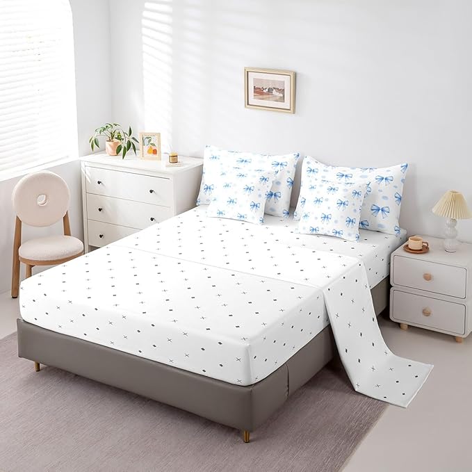 7 Pieces Blue Bowknot Kids Comforter Twin Size,Geometric Dots Bow Tie Patchwork Romantic Bedding Set,Bow Knot Princess Cute White Chic（Comforter+Fitted+Flat+2 Pillowcases+2 Throw Pillow Covers）