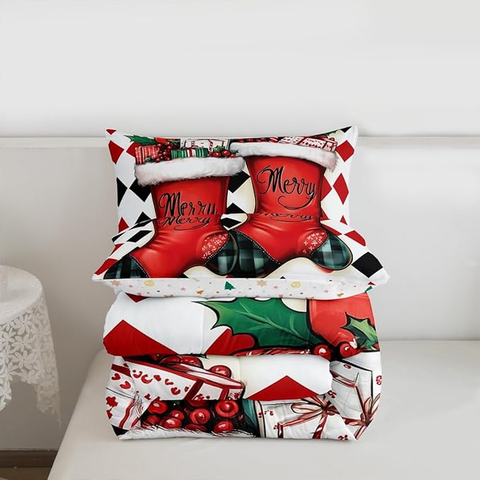 Feelyou Merry Christmas Comforter Set Toddler Size Cartoon Shoes Bedding Set for Kids Boys Girls Duvet Quilt Winter Bedroom Decor Microfiber 2 Pcs with 1 Pillow Cases