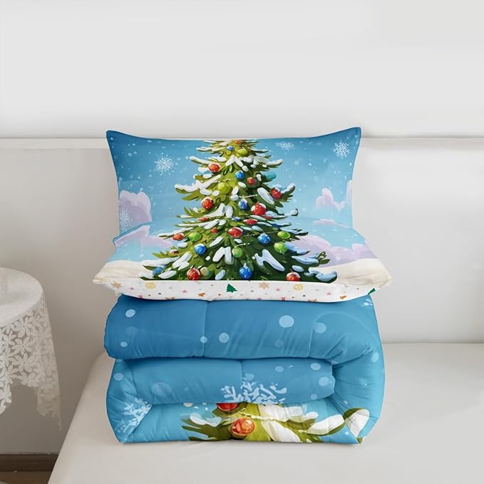 Feelyou Christmas Bedding Set Soft for Boys Girls, Xmas Tree Comforter Set King Size Christmas Tree Ornaments Duvet Quilt Microfiber Winter Snowflake Bedroom Decor 3 Pcs with 2 Pillow Cases