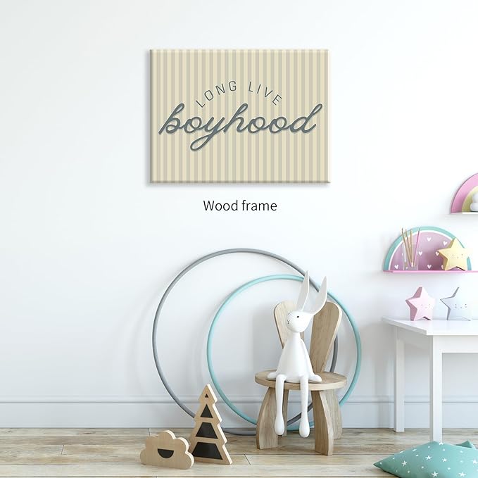 Long Live Boyhood Quote Wall Art Preppy Blue Stripe Poster 16x24 inch Framed Modern Fashion Minimalist Canvas Prints for Boy Nursery Bedroom Wall Decor