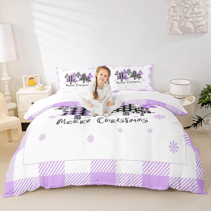 Manfei Xmas Trees Duvet Cover Set King Size, Purple Plaid Grid Snowflake Bedding Set for Kids Girls Bedroom Decor, Christmas Theme Comforter Cover New Year Quilt Cover with 2 Pillowcases, No Comforter