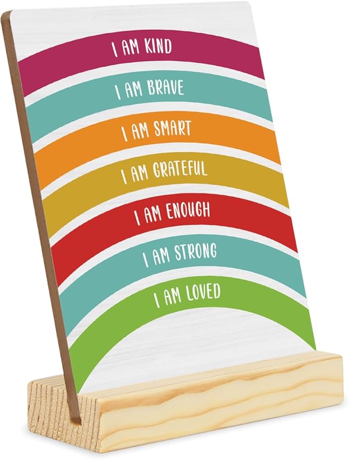 Inspirational Quote Wood Plaque Signs Motivational Quotes Gift I Am Kind Smart Brave Positive Affirmations Boho Rainbow Desktop Sign Desk Decor for Home Office 5×4 Inches Encourage planks2003