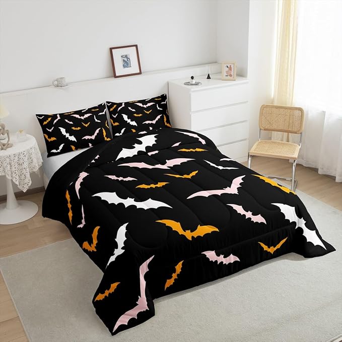 Erosebridal Bat Bedding Set Happy Halloween Comforter Set Toddler Size for Kids Boys Bedroom Pink and Orange Bat Quilt Gothic Spooky Style Duvet Insert with 1 Pillow Case
