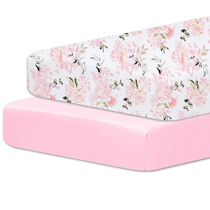 Little Grape Land Pack and Play Sheets Mini Crib Sheets Soft Breathable Pack N Play Sheets, Playard Fitted Sheet 2 Pack Stretchy Fits 38"x26" Playard Mattress, Pink Floral