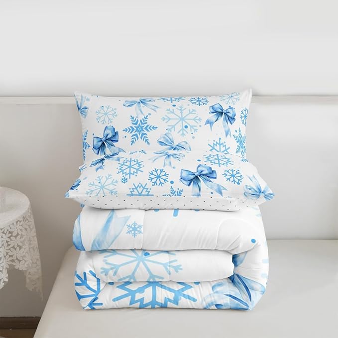 Lovely Bowknot Kids Comforter Set Queen Size,Dreamy Bowknot Dots Snowflake Bedding Set,Room Decor,Winter Merry Christmas Girly Quilt Comforter,Blue White Duvet Set Bedroom Quilt Set,2 Pillowcases