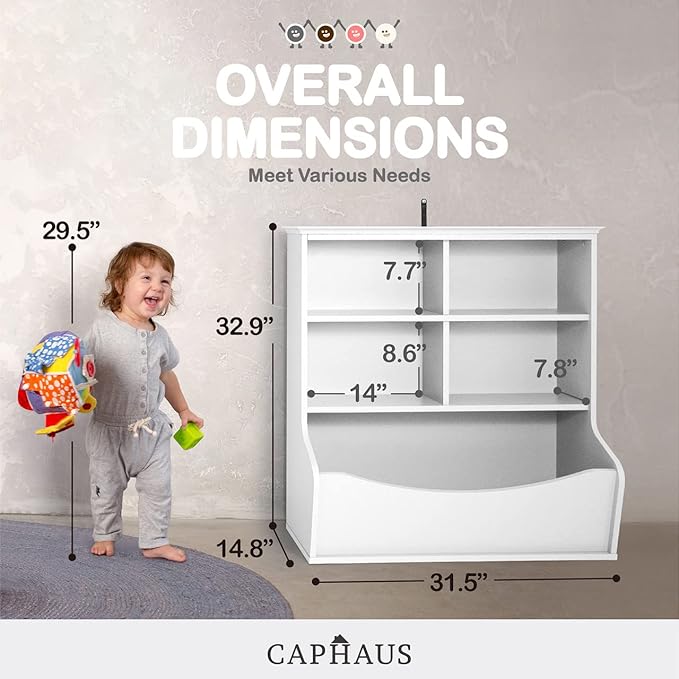 CAPHAUS Kids' Toy Storage Organizer, Open Storage Cubby, Multifunctional Book, Toy Storage Cabinet, Book, Shelf for Nursery, Playroom, Closet, Home Organization Toy Bookcase, E. White-33'' Height