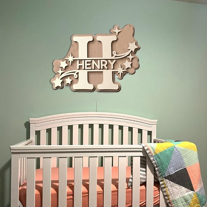 Personalized Nursery Name Sign, Custom Wooden Name Sign with Flowers, 3D Layered Wood Wall Decor for Baby Girl Room, Boho Floral Kids Room Name Plaque, 2 Layer /6