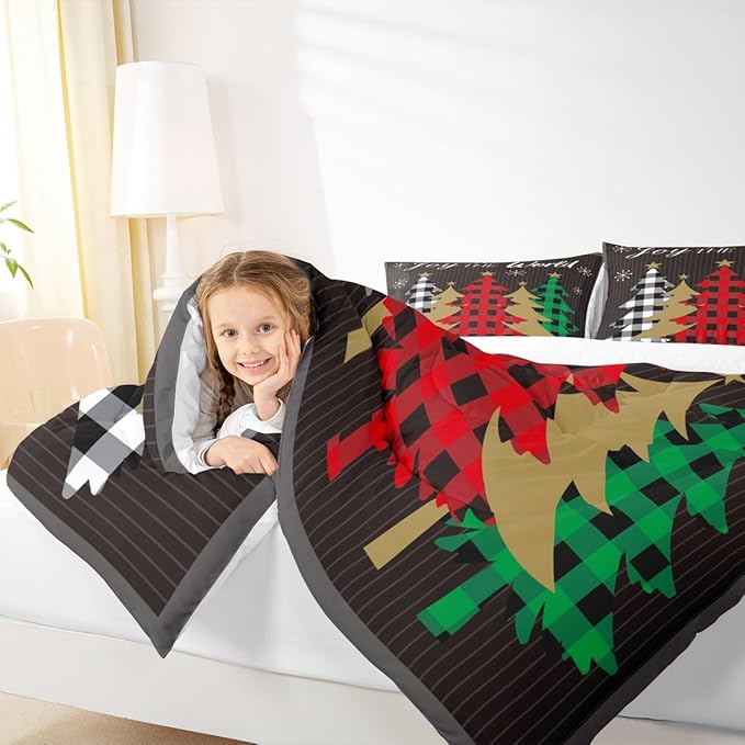Christmas Kids Comforter Set Queen Size,Plaid Pine Trees Snowflake Bedding,Girls Boys Adults Bedroom/Xmas Cabin Decor,Geometric Lines Stylish Down Comforter,Rustic Colorful Duvet Insert,2 Pillowcases