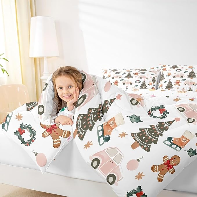 Feelyou Xmas Tree Car Comforter Set All Season Gingerbread Man Bedding Set with 2 Pillow Cases Garland Microfiber Kids Full Bedclothes Bedroom Decor Duvet Quilt Breathable Soft