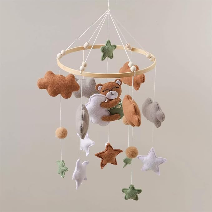 Baby Crib Mobile - Sleeping Bear Mobile for Crib, Felt Cloud Stars Nursery for Boys and Girls, Baby Nursery Hanging Decor (D)