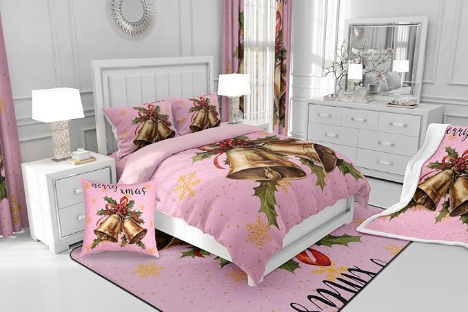 Erosebridal Merry Xmas Twin Kids Comforter Sets Christmas Bell Bedding Sets for Girls Happy New Year Theme Down Comforter for Boys Teens Snowflake Quilt Set,Pink