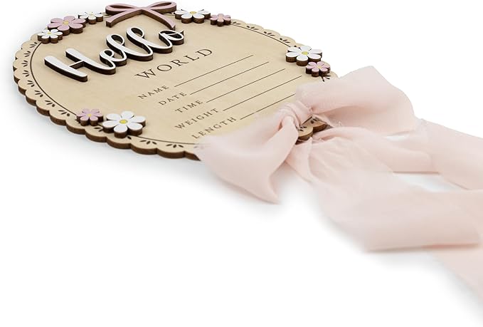 Baby Announcement Sign with Stand & Marker – Hello World Wooden Name Plaque for Newborn Photoshoot, Baby Shower, Rustic Keepsake Birth Stat Sign for Hospital Birth Announcement (Light pink ribbon)