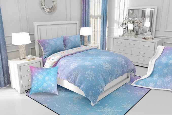 Feelyou Christmas Comforter Set All Season Winter Snowflake Bedding Set with 2 Pillow Cases Blue Purple Gradient Microfiber Kids King Bedclothes Bedroom Decor Duvet Quilt Breathable Soft Lightweight