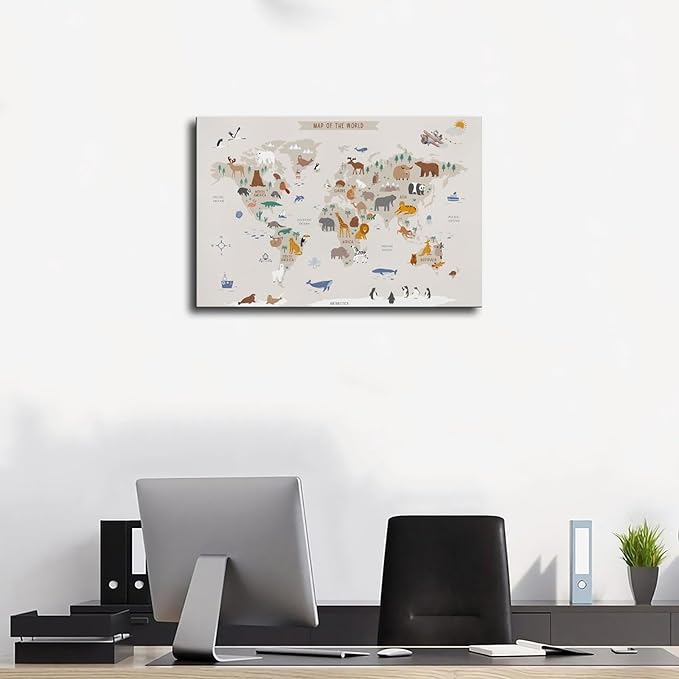 KIPNG Kids World Map - Playroom Animal World Map - Nursery Educational Poster Canvas Poster Wall Art Picture Paintings for Living Room Bedroom Decoration Frame-style24x36inch(60x90cm)