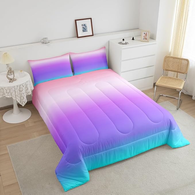 Feelyou Pink Purple Blue Comforter Twin Size, Rainbow Ombre Bedding Set Kids Toddler Colorful Gradient Comforter Set for Boys Girls Colorful Duvet Set Durable Bed Set 2Pcs