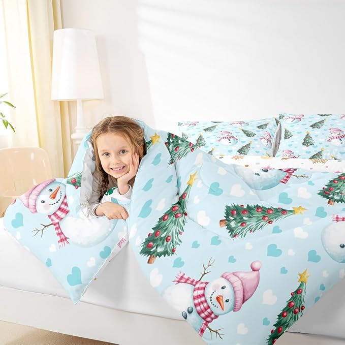 Feelyou Merry Christmas Kids Comforter Set Twin Size Cute Snowman Bedding Set Christmas Tree Duvet Quilt for Kids Boys Girls Bedroom Love Hearts Decor Microfiber Ultra Soft Breathable