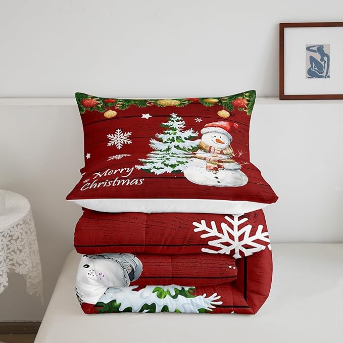 Manfei Christmas Comforter Set Full Size, Cute Snowman Tree Print Quilt Set with 2 Pillowcases, New Year Theme Rustic Style Xmas Bedding Set 3pcs for Kids Boys Girls Bedroom Decor