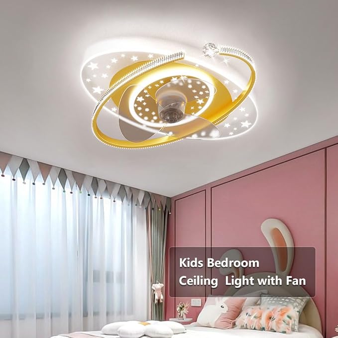 Indoor Kids Ceiling Fan with Lights Remote Dimmable 48W LED Ceiling Lights Fan Lighting Yellow Mute Ceiling Fans Indoor 6 Speeds Fan Ceiling with Light for Study Room Children's Bedroom
