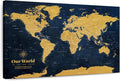 ElephantStock - Personalized Push Pin World Map - Gold Wall Art - Horizontal Canvas Wall Art - Living Room Wall Decor - Digital Art Map Canvas Art - Orange And Blue Decor - 24" x 16"