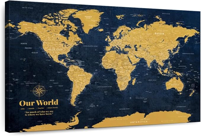 ElephantStock - Personalized Push Pin World Map - Gold Wall Art - Horizontal Canvas Wall Art - Living Room Wall Decor - Digital Art Map Canvas Art - Orange And Blue Decor - 48" x 32"