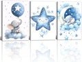 Nursery Canvas Wall Art Elephant Pictures Wall Decor Moon and Stars Painting Baby Boy Prints Cute Animal Poster Artwork for Kids Room Bathroom Decor Framed(Baby-1,12L x 16W x 3Pcs)