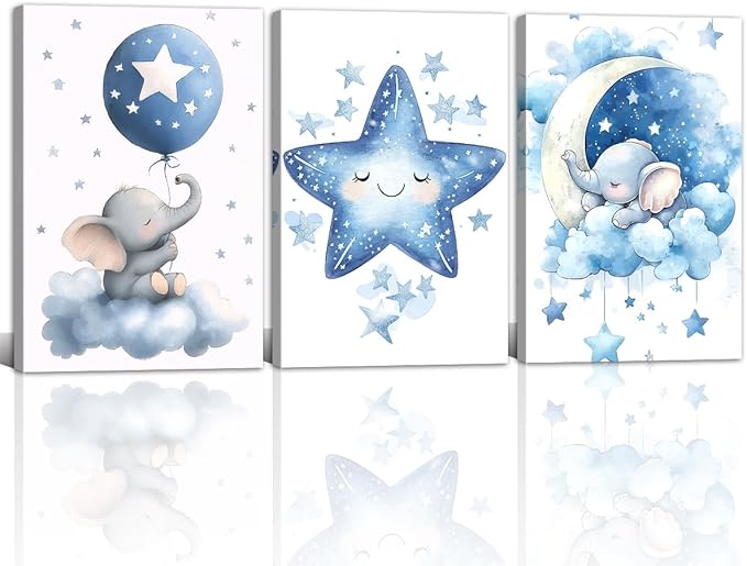 Nursery Canvas Wall Art Elephant Pictures Wall Decor Moon and Stars Painting Baby Boy Prints Cute Animal Poster Artwork for Kids Room Bathroom Decor Framed(Baby-1,16L x 24W x 3Pcs)