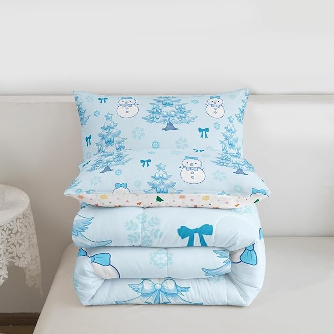 Feelyou Merry Christmas Comforter Set Full Size Cute Snowman Bedding Set for Kids Boys Girls Cartoon Bowknot Duvet Quilt Christmas Tree Microfiber 3 Pcs with 2 Pillow Cases
