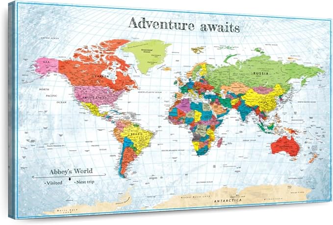 ElephantStock - Personalized Adventure Awaits IV Push Pin World Map Wall Art - Horizontal Canvas Wall Art - Living Room Wall Decor - Digital Art Map Canvas Art - Blue And Green Decor - 36" x 24"