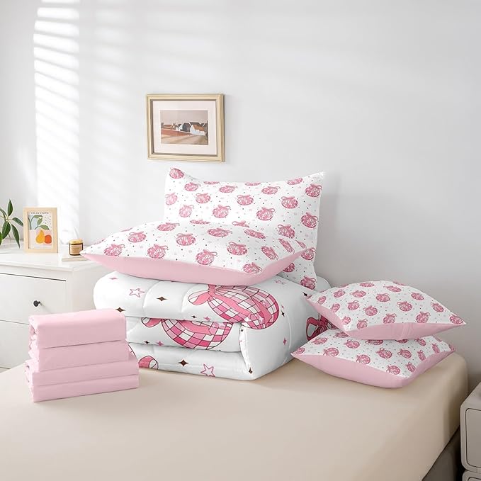 7 Pieces Bow Tie Princess Comforter Queen,Western Cowgirl Disco Crystal Ball Dreamy Bedding Set,Star Bowknot Patchwork Romantic Pink（Comforter+Fitted+Flat Sheet+2 Pillowcases+2 Throw Pillow Covers）